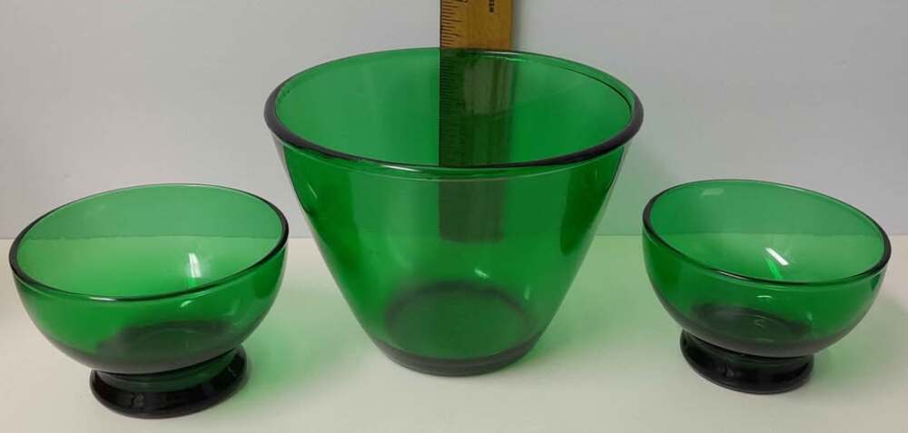 Vintage Anchor Hocking Forest Green Glass Serving Bowl & 2 Footed Bowls